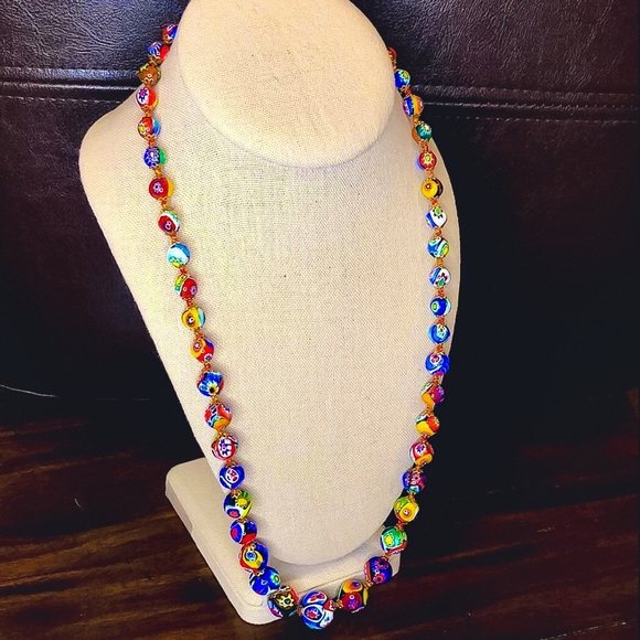VINTAGE Graduated Millefiori Italian Hand Blown Glass Bead Necklace 24” - Picture 9 of 15